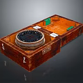 Wooden Desk With Open Box Containing Compass Green Item And White Cards