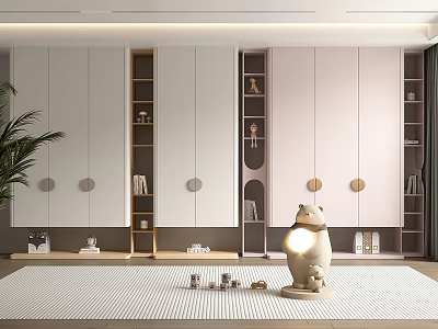Modern Wardrobe Interior Design With White Pink Panels Wooden Shelves And Circular Accents 3d model