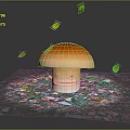 Adorable Mushroom with Smiling Face Sitting on Colorful Vegetable Crumbs and Falling Green Leaves