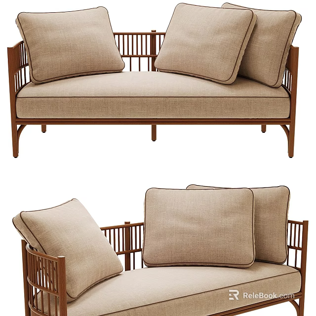 Modern Two Seater Sofa With Wooden Frame And Linen Fabric Cushions 3d model 