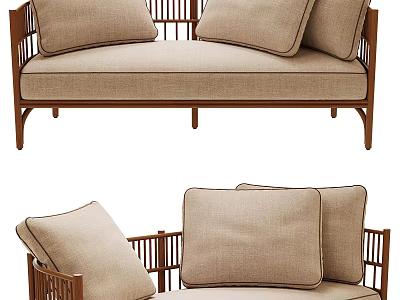 Modern Two Seater Sofa With Wooden Frame And Linen Fabric Cushions 3d model