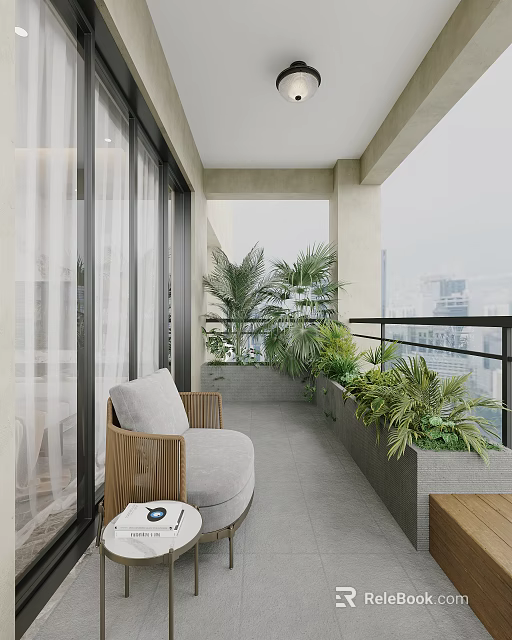 Cozy Home Balcony With Wicker Chair Gray Cushion White Curtains Green Plants And City View 3d model 