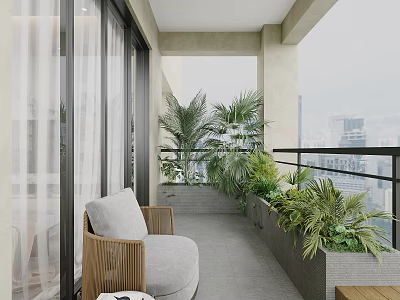 Cozy Home Balcony With Wicker Chair Gray Cushion White Curtains Green Plants And City View 3d model