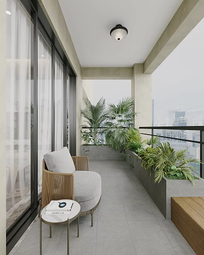 Cozy Home Balcony With Wicker Chair Gray Cushion White Curtains Green Plants And City View 3d model