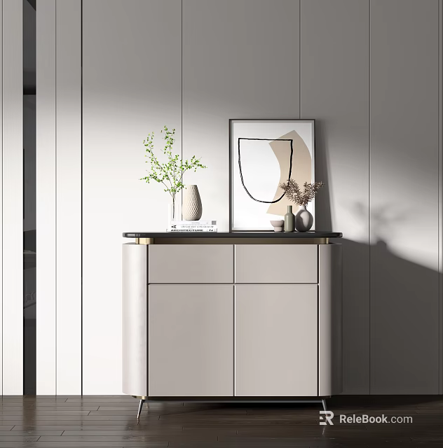 Modern Entryway Console Cabinet With Light Gray Finish Decorative Plants And Wall Art 3d model 