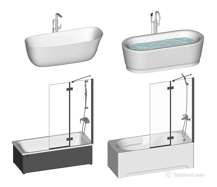 Different Bathtub Styles Featuring Freestanding And Glass Shower Door Designs With White Black Bases 3d model 