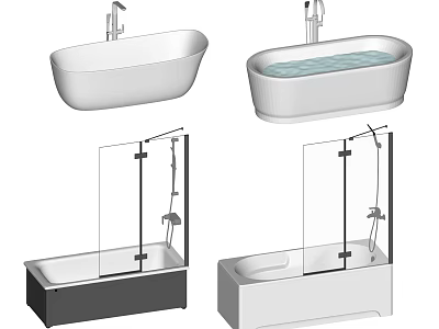 Different Bathtub Styles Featuring Freestanding And Glass Shower Door Designs With White Black Bases 3d model