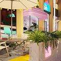 Vibrant Illuminated Commercial Street With Shops Pedestrians Colorful Pavement And Decorative Plaza