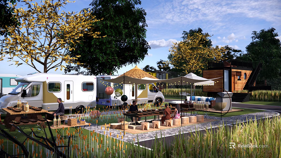 Scenic Campsite With Camper Van Tents Shade Umbrellas Wooden Tables Surrounding Trees And Green Grass 3d model 