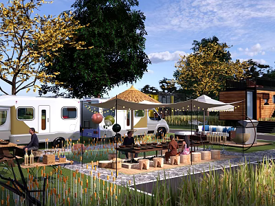 Scenic Campsite With Camper Van Tents Shade Umbrellas Wooden Tables Surrounding Trees And Green Grass 3d model