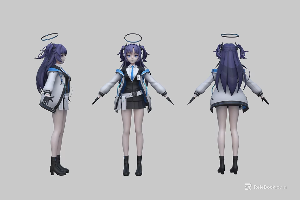 Anime Game Character Purple Long Hair Halo Blue White Uniform Black Skirt Boots Three Angles View 3d model 