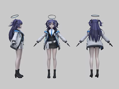 Anime Game Character Purple Long Hair Halo Blue White Uniform Black Skirt Boots Three Angles View 3d model