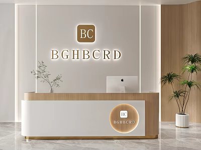Wooden And White Reception Desk Interior With BC Logo Apple Computer And Plants 3d model