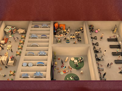 Indoor Scene With Multiple Room Sections Staircase Furniture And Miniature Figures 3d model