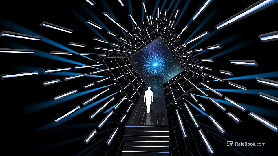 Cartoon Scene of Person Standing on Stairs Facing Glowing Blue Star Center With Radiating Lines 3d model 