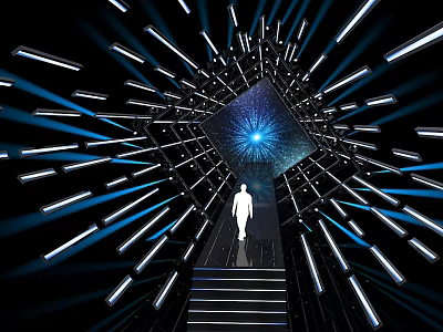Cartoon Scene of Person Standing on Stairs Facing Glowing Blue Star Center With Radiating Lines 3d model