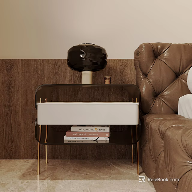 Modern Nightstand With Gold Legs White Drawer Black Lamp And Books Against Wooden Wall 3d model 