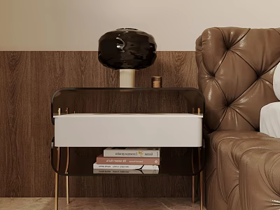 Modern Nightstand With Gold Legs White Drawer Black Lamp And Books Against Wooden Wall 3d model