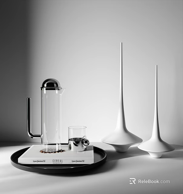Modern Minimalist Decorative Ornament Set With Glass Kettle Cup And White Cone Ornaments On Tray 3d model 