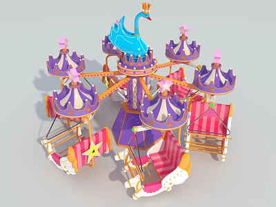 Colorful Amusement Carousel With Swan Crown Purple Pink Star Decorations And Seats 3d model