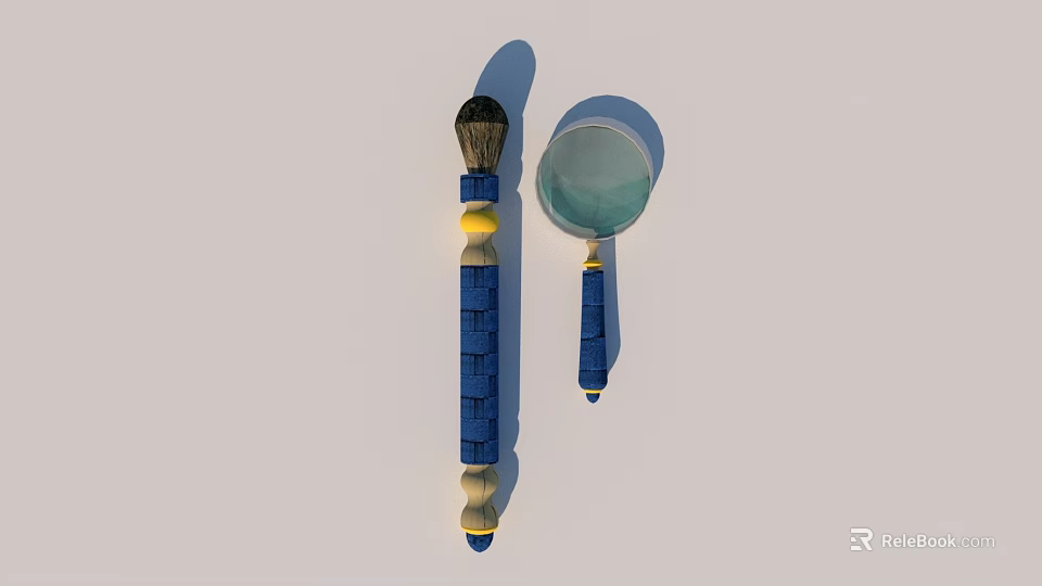 Blue Handle Brush And Magnifying Glass With Yellow Accents Design 3d model 