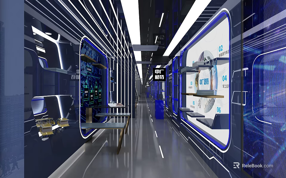 Futuristic Tech Corridor With Digital Screens Interactive Displays And Modern Shelves 3d model
