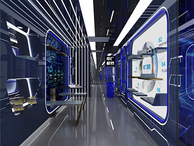 Futuristic Tech Corridor With Digital Screens Interactive Displays And Modern Shelves 3d model