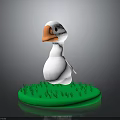 White Cartoon Duck Standing On Green Circular Grass With Orange Beak And Black Eyes