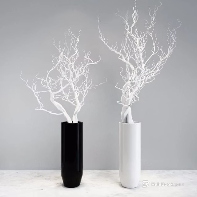 Modern Black And White Cylindrical Vases With White Twigs On Gray Wall 3d model 