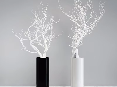 Modern Black And White Cylindrical Vases With White Twigs On Gray Wall 3d model