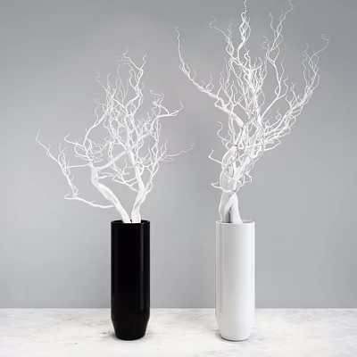 Modern Black And White Cylindrical Vases With White Twigs On Gray Wall 3d model