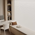 Modern Interior Window Seat With Desk Computer Chair Bookshelf And White Blinds