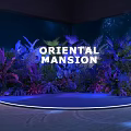 Oriental Mansion Floral Installation With Lush Green Plants Purple Foliage And Illuminated Stage