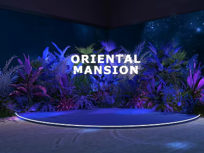 Oriental Mansion Floral Installation With Lush Green Plants Purple Foliage And Illuminated Stage 3d model
