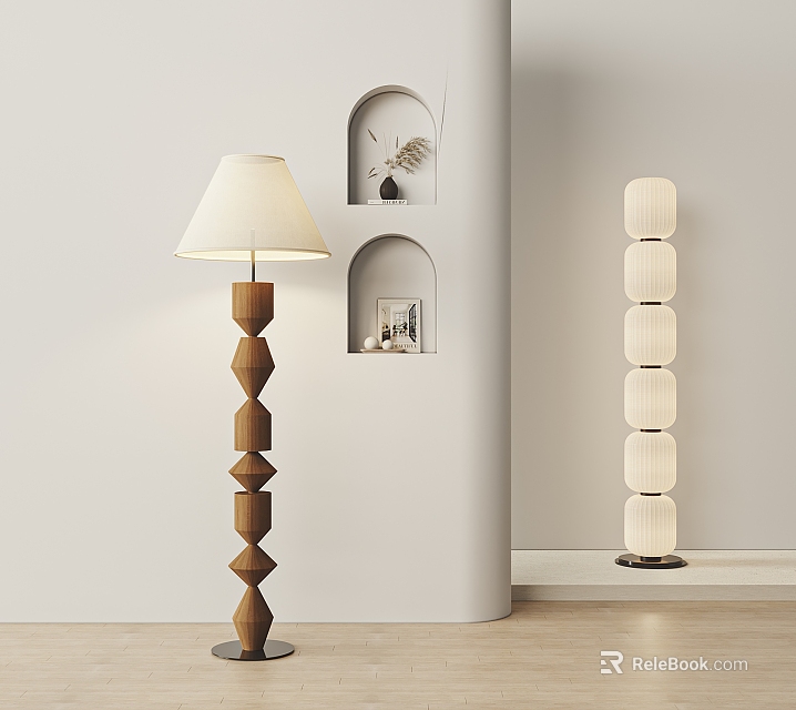 Modern Minimalist Interior With Unique Geometric Floor Lamp And Cylindrical Floor Lamp 3d model 