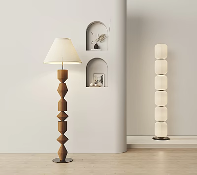 Modern Minimalist Interior With Unique Geometric Floor Lamp And Cylindrical Floor Lamp 3d model