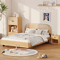 Wooden Kids Bed with Patterned Bedding Pillows Nightstand Lamp Bookshelf Wall Art and String Lights