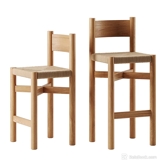 Modern Minimalist Wooden Bar Stools With Woven Seats And Light Wood Frame 3d model 