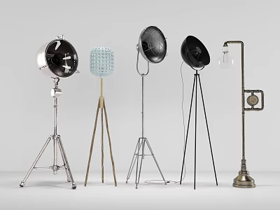 Various Modern Industrial Floor Lamps With Metal Tripod Bases And Different Shade Shapes 3d model