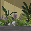 Lush Tropical Plants And Purple Flowers With Round Decorative Lights In Garden Scene