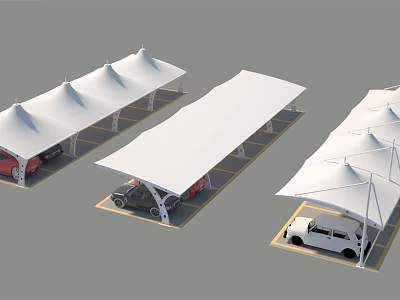 Carport Canopies With Different Shapes Covering Parking Areas And Cars 3d model