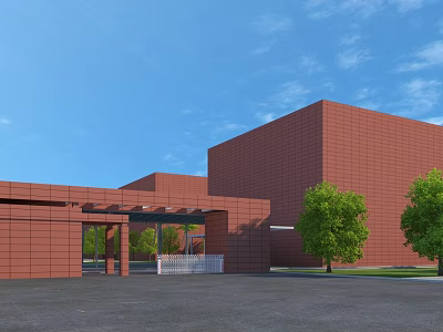 Modern Red Brick Building Entrance Gate With Green Trees And Blue Sky 3d model