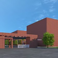 Modern Red Brick Building Entrance Gate With Green Trees And Blue Sky
