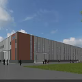 Modern Industrial Factory Building With Red Brown White Facade Green Lawn And People Walking