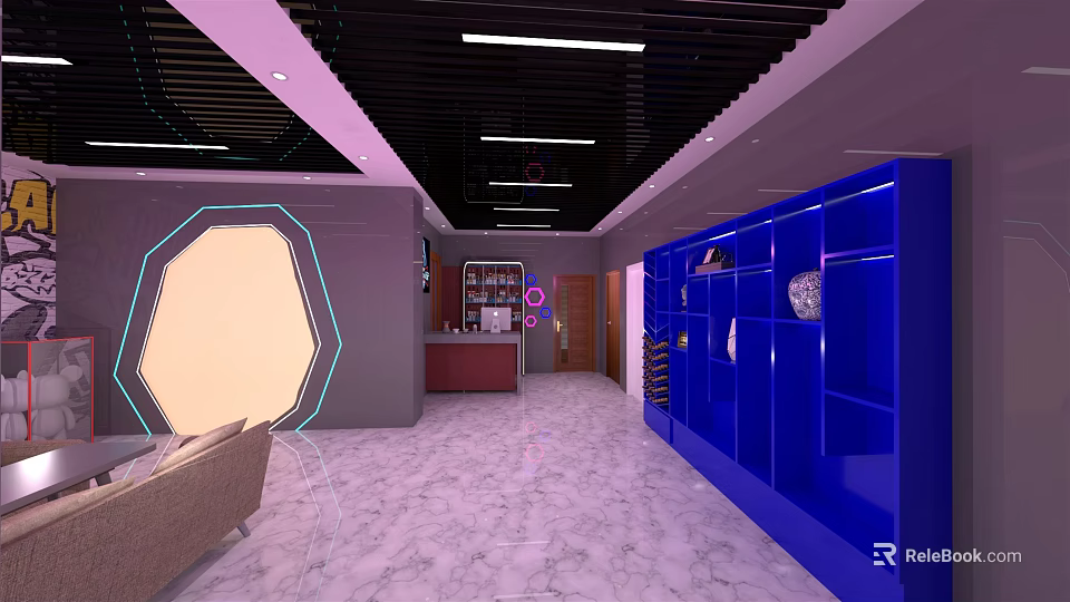 Modern Store Front Desk Interior With Blue Display Shelves Geometric Decor And Lighting 3d model 