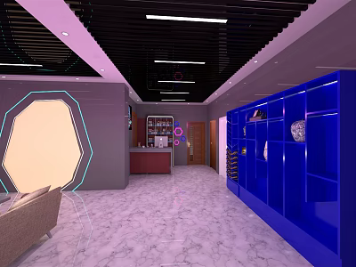 Modern Store Front Desk Interior With Blue Display Shelves Geometric Decor And Lighting 3d model