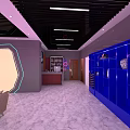 Modern Store Front Desk Interior With Blue Display Shelves Geometric Decor And Lighting