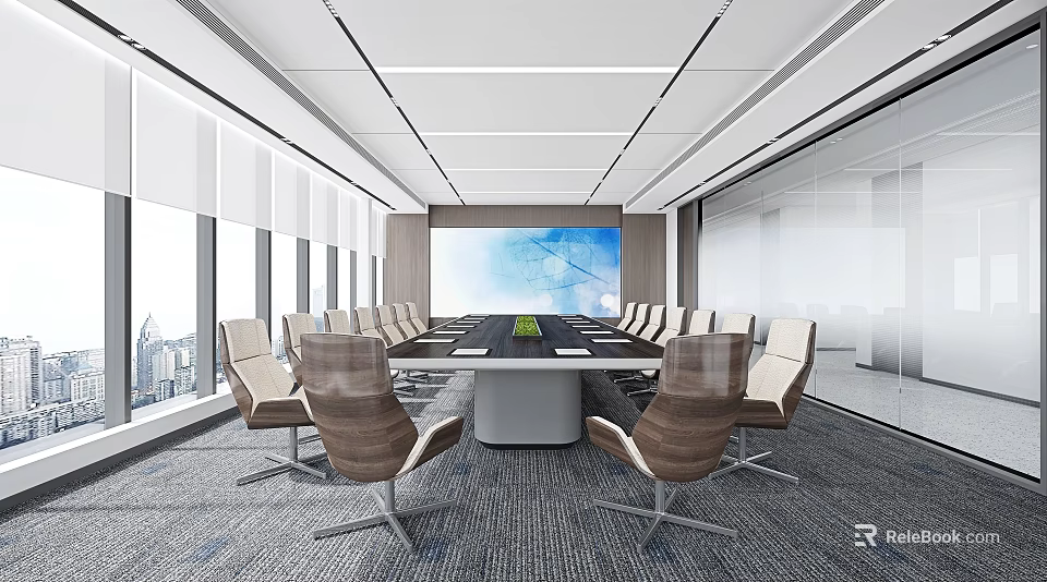 Modern Conference Room Interior With Large Windows City View Long Table And Large Screen 3d model