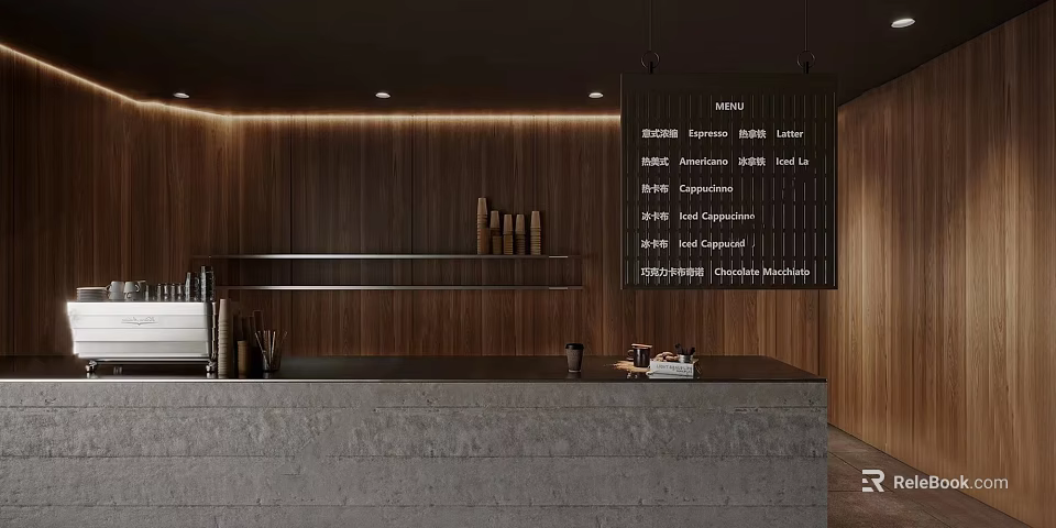 Modern Coffee Shop Interior With Wooden Walls Counter And Menu Board 3d model 