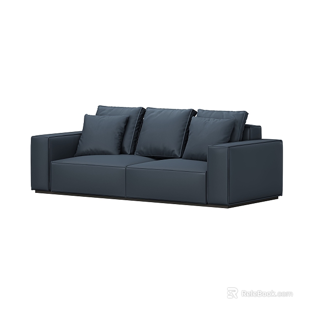 Stylish Modern Dark Blue Leather Three Seater Sofa With Comfortable Cushions 3d model 